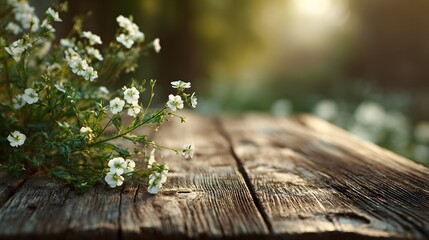 Small white blossoms rest upon a weathered wooden surface outdoors during golden hour