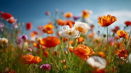 Fototapeta premium Vibrant field of colorful blossoms reaches towards a bright blue sky