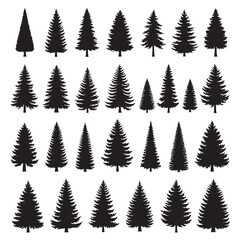 Obraz premium Black silhouettes of various pine trees arranged in a grid pattern on a white background