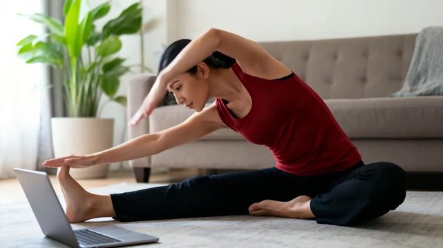 An Asian woman practices stretching exercise next to a laptop, indicating a home fitness session with wellness and self-care. The setting features a cozy living room with plants and a couch.