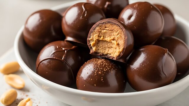 Indulgent chocolate peanut butter truffles in a white bowl ready to be enjoyed. Chocolate covered peanut butter balls are a classic treat.