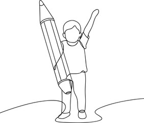 Continuous one line art drawing of a happy child holding a giant pencil with arm raised concept