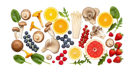 Assorted fruits, vegetables, and mushrooms arranged together