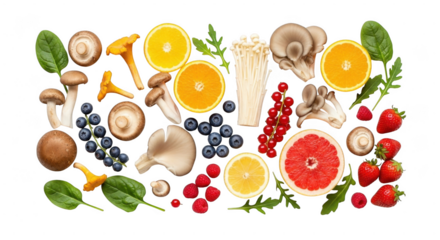Assorted fruits, vegetables, and mushrooms arranged together