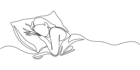 Woman sleeping on pillow bed continuous one line drawing. Sleeping woman in single line art illustration. Editable vector, Continuous single line sketch drawing of woman sleeping on pillow bed. © Vector Man