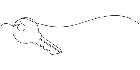 Continuous one line drawing of key. One line drawing illustration of key. Security concept continuous line art. Editable outline, continuous one line drawing of keys. Real estate keys icon.