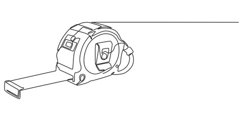 Measuring tape in one continuous line drawing. Symbolizing industrial tools and craftsmanship, Tape Measure Continuous Line Art Illustration, Tape measure in line art drawing style. Flexible ruler
