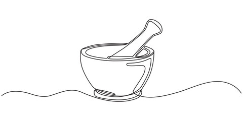 Mortar with pestle one line continuous drawing. Kitchen tools continuous one line illustration. Vector minimalist linear illustration, Single continuous line drawing mortar and pestle vintage.