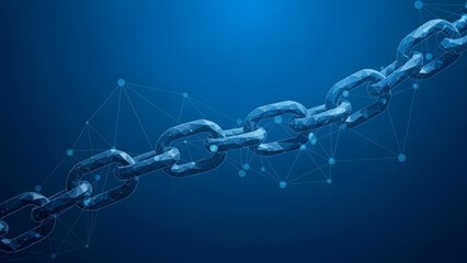 Shiny digital chain with glowing links over dark blue background representing blockchain concept