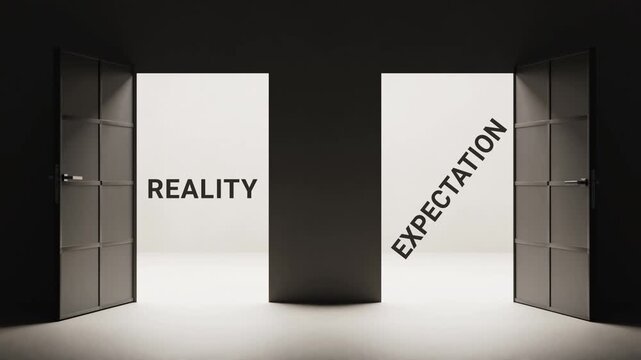 Two open doors labeled "Reality" and "Expectation" in a dark space, illustrating contrasting concepts, with light illuminating the doorway, emphasizing choice and perception
