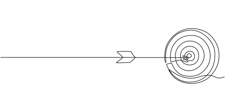 Continuous one line drawing of arrow in center of target. Strategic marketing or business concept, Arrow hitting target center, Single line drawing animation, Goal achievement minimal.