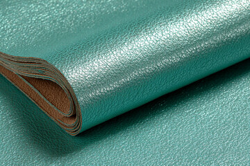 Closeup of shiny turquoise textured synthetic leather roll with visible grain and soft brown backing