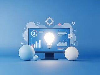 A modern conceptual scene depicting a glowing lightbulb on a computer screen surrounded by geometric shapes and data visualizations high quality