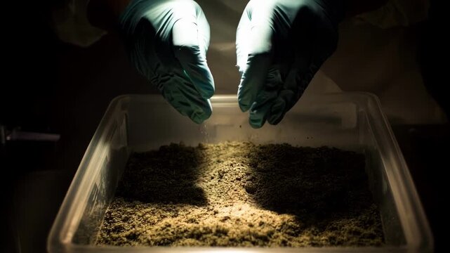 Closeup of hands mixing grain spawn substrate in a sterile container for mushroom cultivation under controlled lighting conditions