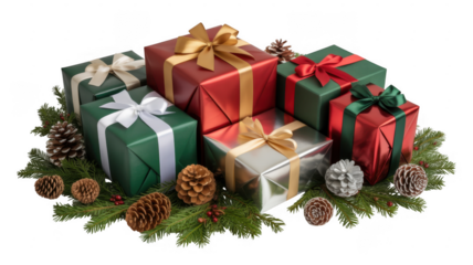 Christmas Gifts and Pinecones presents holiday isolated on a transparent background