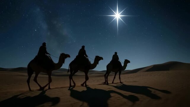 Three wise men riding camels through the desert at night. The Magi following the bright Star of Bethlehem. Biblical nativity story and Christmas concept