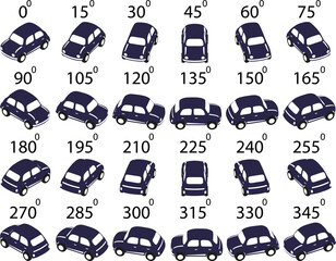 A set of 24 logo cars in isometric view. Rotation of the retro car in logo style by 15 degrees for animation.  