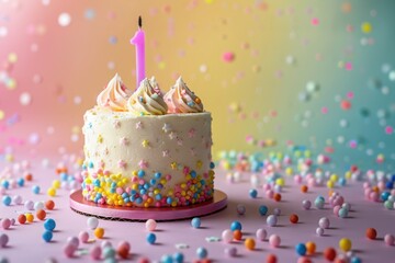 1st year birthday cake on isolated colorful pastel background