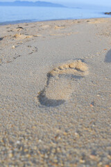 Footprint in the sand near the ocean, evoking a sense of adventure, exploration, and the journey of life