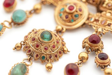 Ancient Thai jewelry set, close-up camera angle, on white background.