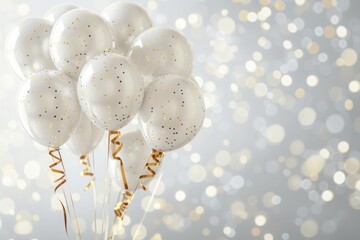A simple yet elegant birthday background with a white and gold theme, white balloons with golden ribbons floating against a soft white backdrop