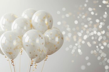 A simple yet elegant birthday background with a white and gold theme, white balloons with golden ribbons floating against a soft white backdrop