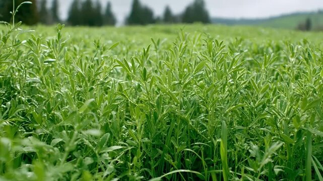 Closeup medium shot of lush annual cover crops growing densely in a field demonstrating effective nutrient replenishment and erosion control.