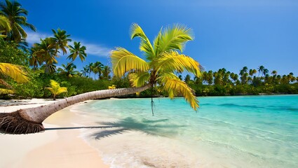 Serene tropical beach with palm tree leaning over turquoise water and white sand