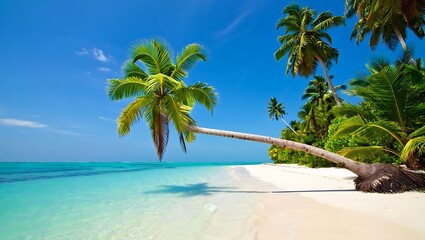 A serene tropical beach with a leaning palm tree and clear turquoise water on a sunny day