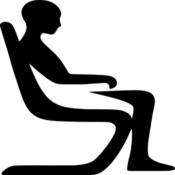 Stylized black silhouette of a person seated in a modern chair, shown in profile with arms resting on armrests and legs bent naturally. The smooth, abstract lines emphasize comfort, posture, and minim