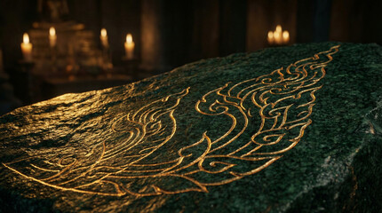 Ancient Thai gold traditional pattern (Lai Thai) engraved on dark green jade stone texture in candle light temple atmosphere.