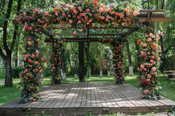 Beautiful romantic festive place made with wooden square and floral roses decorations for outside wedding ceremony in green park. Wedding settings at scenic place. Horizontal color photography