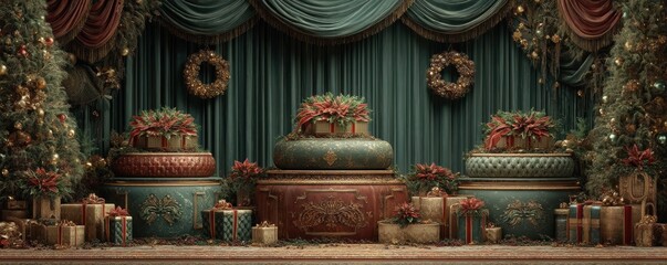 Elegant Christmas stage with ornate podiums, wrapped gifts, and wreaths for a festive display