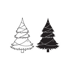 Fototapeta premium Two Christmas trees with lights and ornaments one in black and white outline and one filled in black