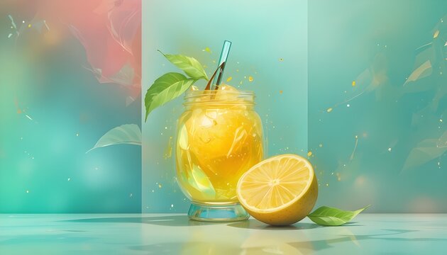  Abstract colorful gradient fruit card background set, minimalist poster design featuring a fresh lemon, smooth modern gradients in yellow, orange, green and pastel tones, clean composition with plent