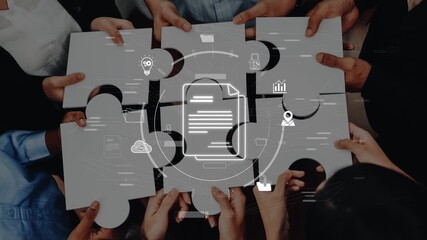 Teamwork illustrated through hands joining puzzle pieces and a document, symbolizing collaboration and strategy in a modern business environment. Raster - Powered by Adobe