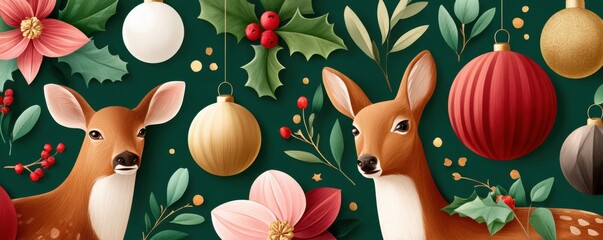 Fototapeta premium Festive deer with ornaments and greenery on a dark green background