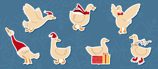 Set of stickers with New Year geese in different poses - sitting, flying, walking on a blue background. Goose with gifts and winter accessories. Vector illustration. © Peviotadesign