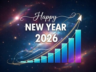 A vibrant depiction of a happy new year 2026 with a growth chart ascending through a colorful cosmic galaxy background