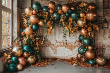 Arch decorated green, brown, golden balloons, dry autumn leaves for wedding ceremony. Celebration baptism. Trendy autumn decor. Reception at birthday party. Photo wall decoration space, place for text