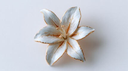 Porcelain lily with gold trim detail, laying flat on neutral background