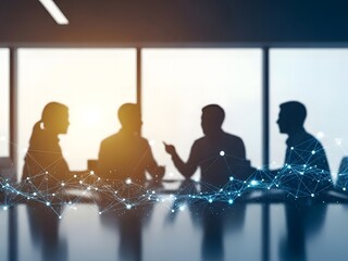 A blurred image depicts four silhouetted individuals engaged in a meeting overlaid with a glowing network of digital connections and data streams
