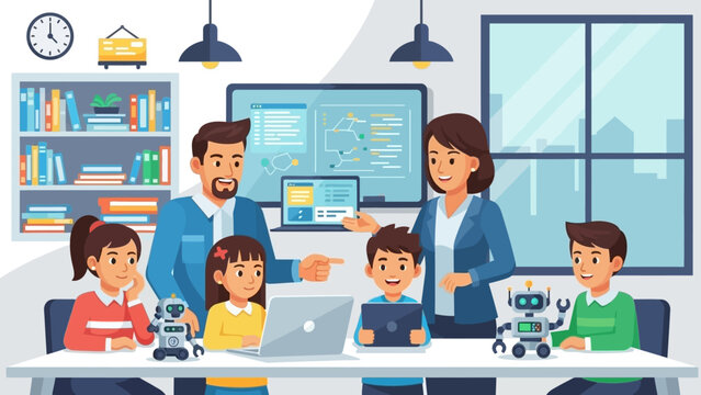 Children Engaged in a Robotics Classroom Learning and Coding with Instructors and Technology