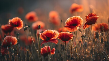 Obraz premium Field of vibrant red flowers glows with warm morning sunlight
