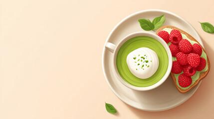 Healthy meal plate with smoothie and avocado raspberry toast for a nutritious breakfast option