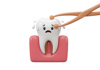 A white tooth with a frown on a pink dental model getting drilled isolated on transparent background