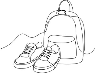 Minimalist continuous line drawing of a stylish backpack and athletic sneakers ready for adventure