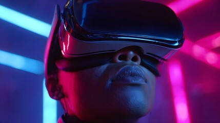Close up view of person wearing digital reality headset under neon illumination
