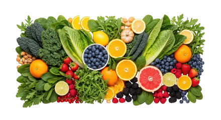 Fresh fruits and vegetables arranged in a heart shape