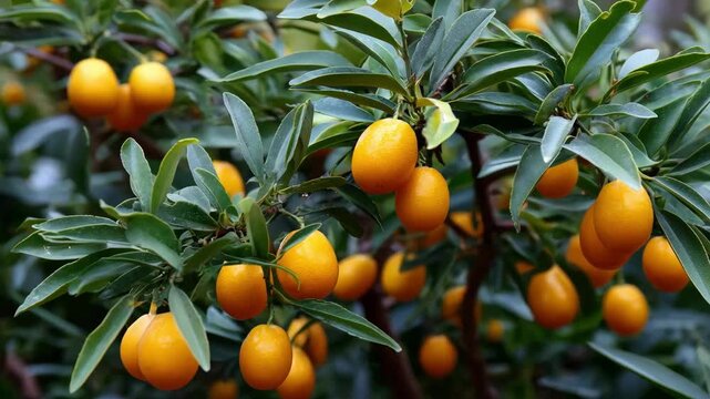 Closeup medium shot of a bushy kumquat tree highlighting thick leafy growth and abundant ripe fruits hanging densely among the lush branches.